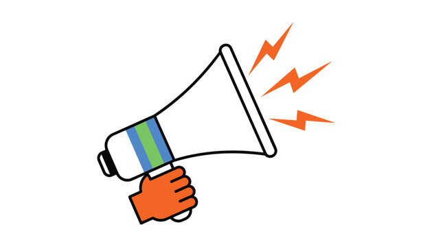 Cartoon hand holding megaphone with orange lightning bolts vector illustration isolated on white background.