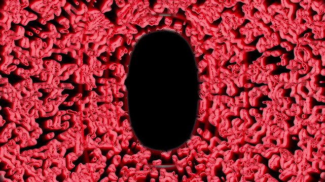 Abstract red organic energy portal animation with glowing contour waves and dark center void loop