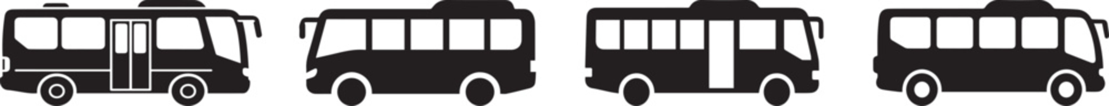 Bus vehicle icon, solid black, white background, vector style.