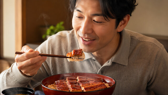 温かみのある店内で、男性が箸を使って湯気の立つうな重を楽しんでいる食事シーン
