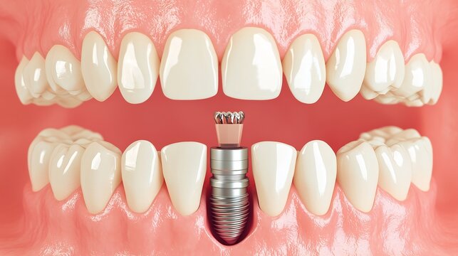 3D render of human teeth with a metal dental implant screw installed in the lower jaw to replace a missing tooth
