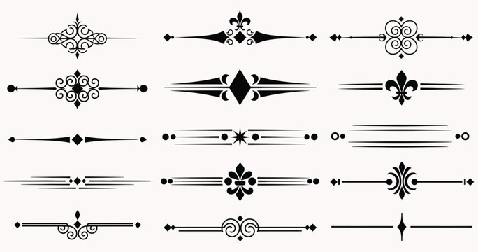 Black ornamental flourishes and dividers on a white background vintage decorative design elements
