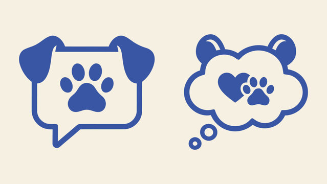 Vector icons of dog speech bubble with paw print and bear thought bubble with heart and paw print for pet communication