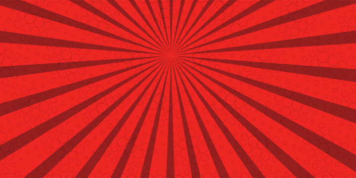 Pop art red burst background. Sunbeam comic book radial lines superhero action explosion lightning blast backdrop with halftone dots. Anime manga retro vintage background