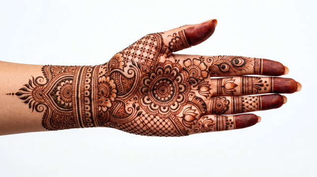 Intricate traditional henna mehndi design on woman's hand isolated on white background