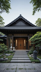 Obraz premium Serene and elegant entrance to traditional Japanese style house, featuring wooden door, stone pathway, and lush greenery. architecture showcases intricate details and harmony with nature
