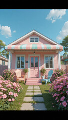 Fototapeta premium Charming pink house with striped awning, surrounded by vibrant flowers and well maintained lawn. Two colorful chairs sit on porch, inviting relaxation and enjoyment of sunny day
