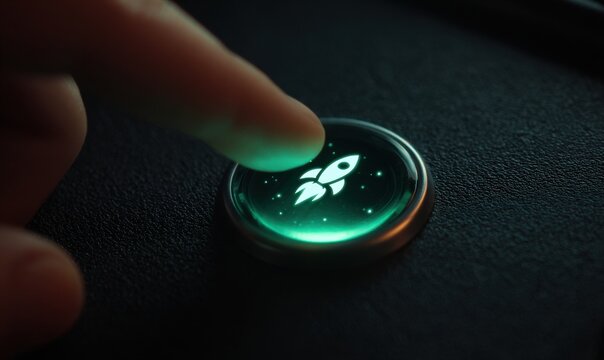 Finger pressing glowing green rocket launch button on dark background, startup concept