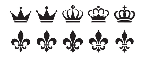 Elegant fleur de lis symbols and royal crown icons for classic stationery and identity decoration. © Stock