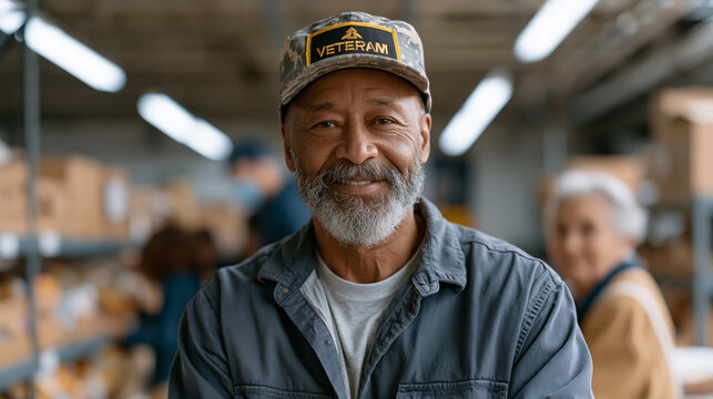 Retired Army sergeant volunteers at a community food bank, organizing shelves alongside neighborhood residents in a fluorescent-lit warehouse, his veteran service cap visible as