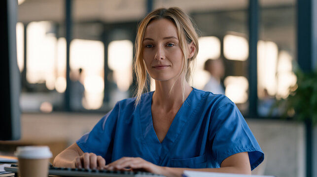A nurse coordinator reviews patient care documentation at a workstation during an autumn hospital shift, a coffee cup beside a keyboard, the quiet early morning energy of a ward
