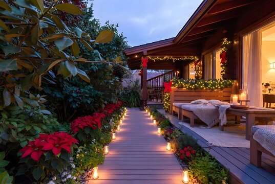 Subject: A cozy and festive outdoor holiday setting featuring a wooden pathway illuminated with soft ground lights, surrounded by vibrant poinsettias and lush greenery, leading toward a cozy house ado