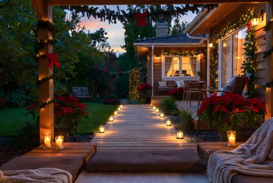 Subject: A cozy and festive outdoor holiday setting featuring a wooden pathway illuminated with soft ground lights, surrounded by vibrant poinsettias and lush greenery, leading toward a cozy house ado