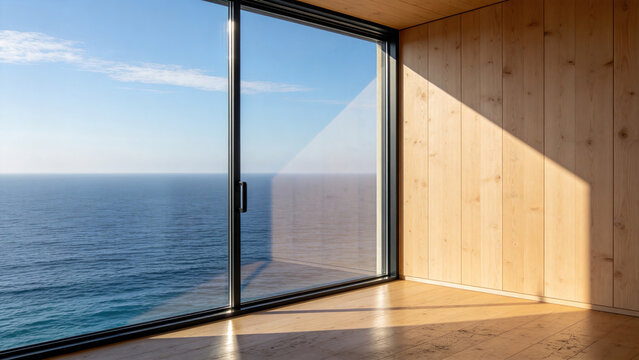 Empty minimalist wooden room with large corner sliding glass window overlooking calm blue ocean, warm sunlight shadow on pine panel wall
