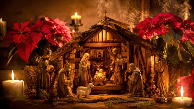 Stimmungsvolle Weihnachtskrippe mit Kerzenlicht und roten Weihnachtssternen. Traditionelle christliche Weihnachtsdekoration in festlicher Atmosph&auml;re.