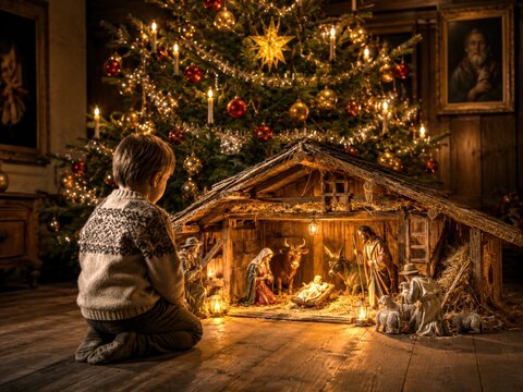 Kleines Kind betrachtet eine traditionelle Weihnachtskrippe vor festlich beleuchtetem Weihnachtsbaum. Besinnlicher Weihnachtsmoment in deutscher Weihnachtstradition.