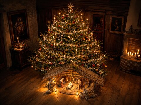Gro&szlig;e traditionelle Weihnachtskrippe vor festlich geschm&uuml;cktem Weihnachtsbaum in historischem Ambiente. Besinnliche christliche Weihnachtsdekoration mit Kerzenlicht.