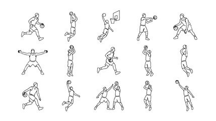 Minimalist basketball player line art icons, set of 15 continuous line drawing sports figures, black and white basketball action vector illustrations © I'm_coming