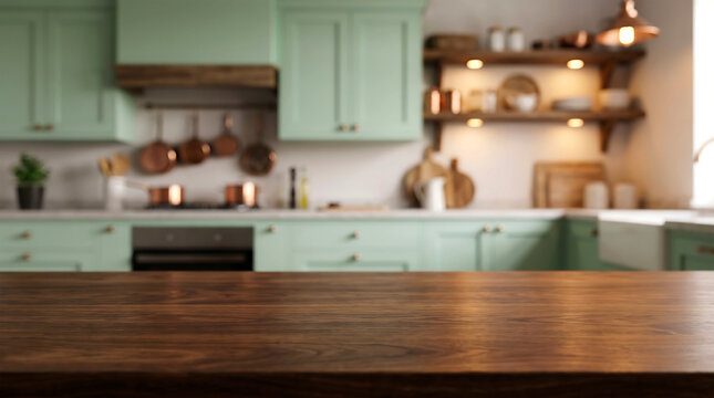 Dark wood table top with blurred green kitchen interior background for cooking and food product display mockup