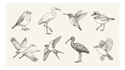 Fototapeta premium Vintage bird illustration set, hand drawn avian sketches in pencil style, 8 antique bird vector elements for nature design and scientific journals