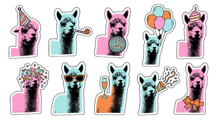 Obraz premium Collection of colorful illustrated alpacas with accessories and playful expressions