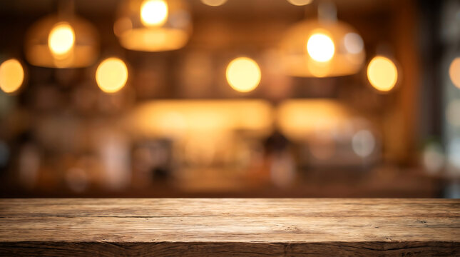 Rustic dark wood table with blurred cafe bar background and hanging warm lamps for beverage product display mockup
