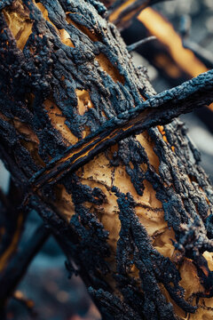 A close-up shot of a tree trunk with charred and cracked bark, likely from a forest fire vertical frame