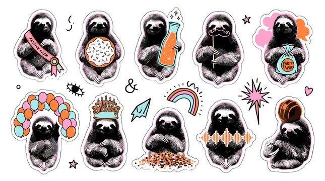 Cute cartoon pugs with various accessories and expressions, colorful illustration