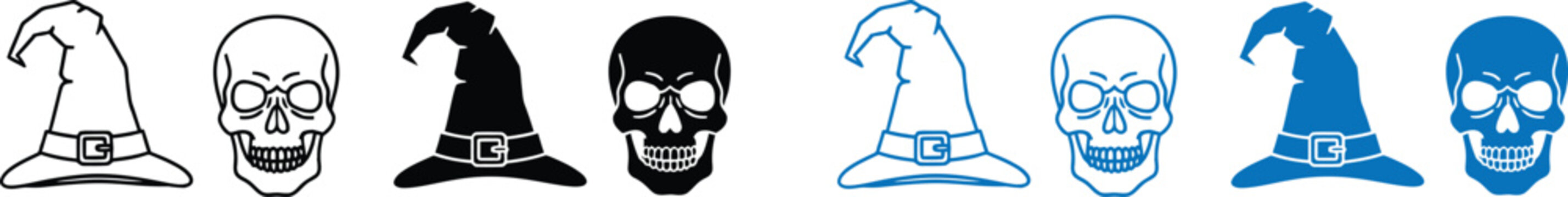 halloween skulls in witch hats in line for design