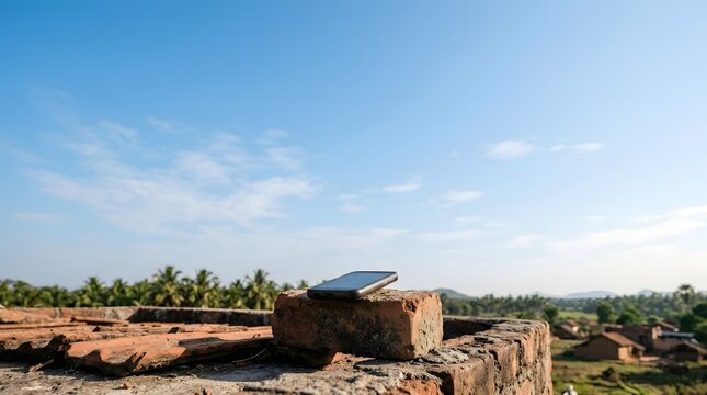 Modern smartphone resting on red brick ledge of rooftop with panoramic view of tropical village and green coconut palm trees under clear blue sky during bright sunny morning in coastal region.