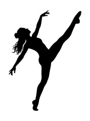 Elegant Silhouette of a Female Ballet Dancer Performing a Graceful Arabesque Pose on a White Background © Nomads Studio