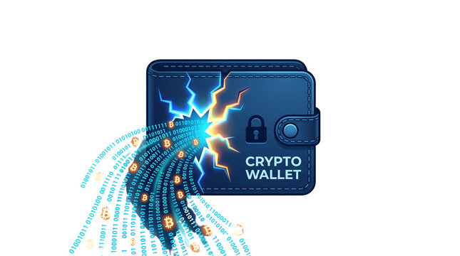 Crypto wallet security breach with digital data leak, blue leather cryptocurrency wallet with binary code stream, cyber attack on financial assets isolated PNG with Transparent Background
