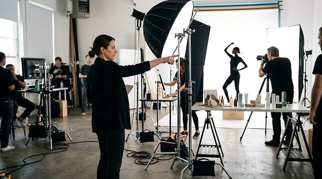 A photographer directing a model during a photoshoot in a studio with lighting equipment, reflectors, and beauty products on a table