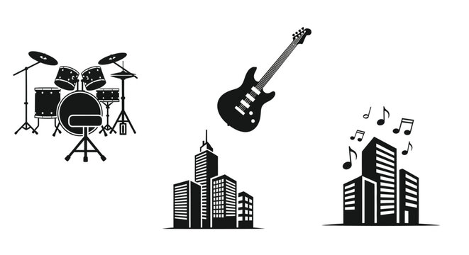 Drum kit electric guitar and city skyline silhouette