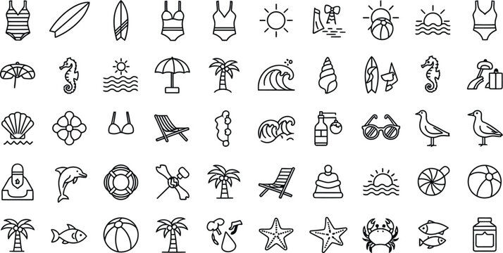 Black line beach icons set