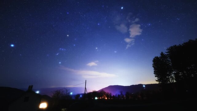 Orion constellation and Milky Way stars on a dark countryside skies. Time-lapse video.