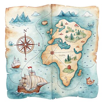 Watercolor illustration of an antique fantasy pirate map on parchment with compass and sailing ships isolated on white background.