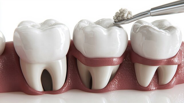 3D render of dental procedure using a tool to apply granular bone graft material or filling on a human molar tooth
