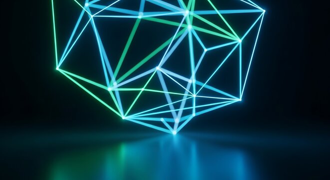 Abstract Glowing Neon Geometric Polyhedron Structure in Dark Space.
