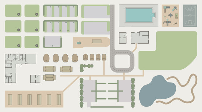 Top View Campsite Caravan Park RV Holiday Park Site Plan Vector Set Architecture Landscape AutoCAD Pitch Amenity Block Clipart EPS Isolated White Background