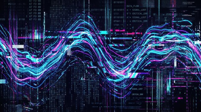 Cyber Security Wave Distortion Over Digital Data Streams in Neon Blue and Magenta for Network Error Visualization Background