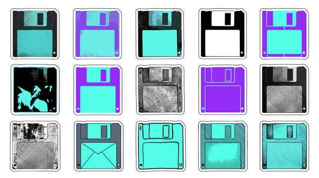 Collection of vintage floppy disks in various colors and textures