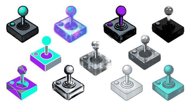 Collection of colorful futuristic gaming joystick controllers with vibrant lighting effects