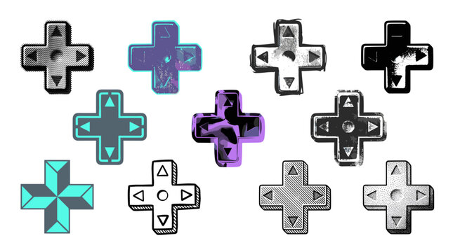 Collection of colorful and monochrome cross icons with various designs and textures