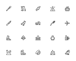 Alaska_5054 icon set. Vector illustration. Featuring inuit, climbing, fish, snow, iceberg, mountain, boots, puffin, harpoon, wigwam and more. © wang