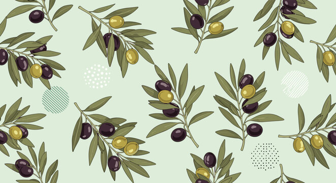 Olive branch pattern with green and black olives and textured leaves repeats across a light background for a natural and rustic theme.