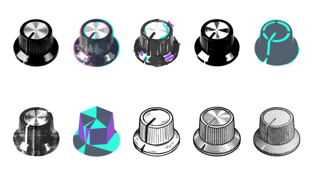 Set of six metallic and colorful knobs with various textures and designs for furniture