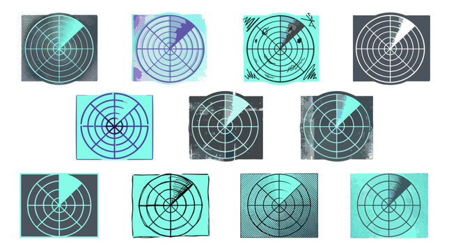 Collection of radar screens and targeting interfaces with digital grid patterns and data