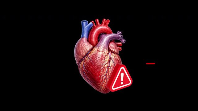 Anatomical Human Heart Beating with EKG Pulse and Warning Icon | Alpha channel