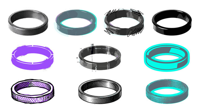 Collection of colorful modern rings with various designs and textures